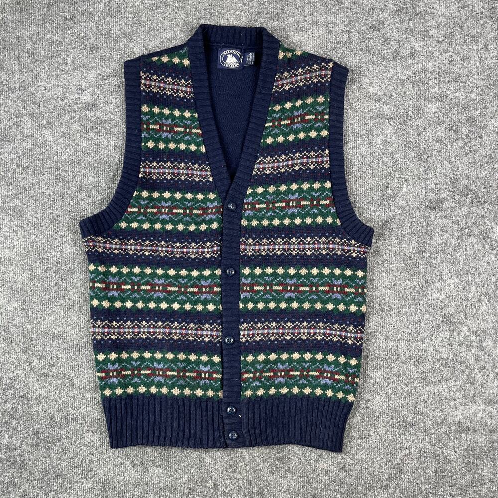 Atlantic Traders Sweater Vest Mens Size L Wool Fair Isle Button Front Knit